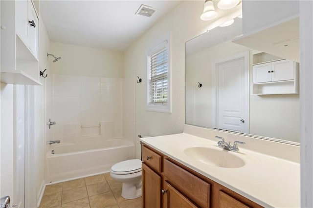 bathroom with toilet, visible vents, tile patterned floors, vanity, and tub / shower combination