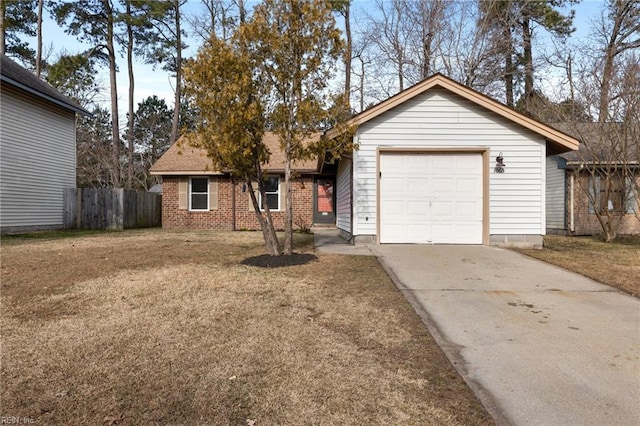 ranch-style home with driveway, a garage, and brick siding