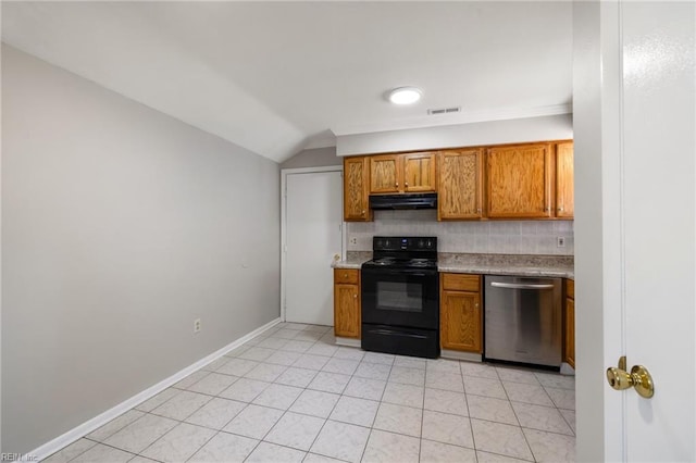 kitchen with black range with electric stovetop, dishwasher, under cabinet range hood, brown cabinetry, and lofted ceiling