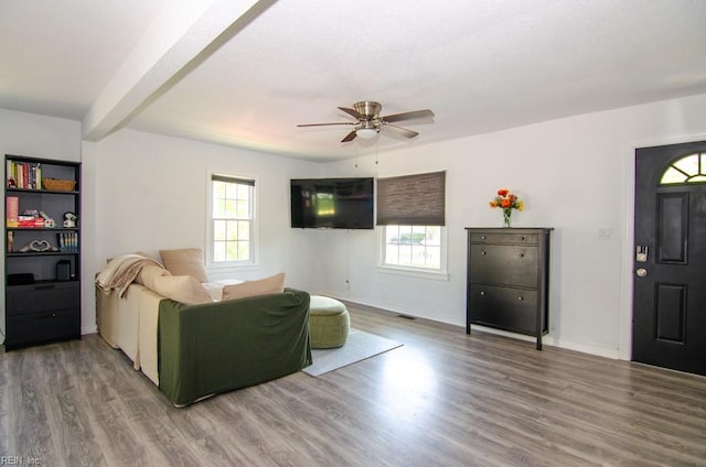 8123 Kenwood Dr, Norfolk, VA 23518 - living room with ceiling fan, wood finished floors, baseboards, and beam ceiling