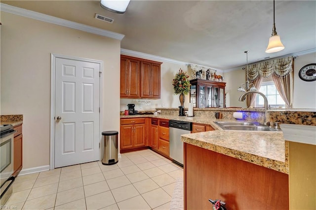 7463 Diven St, Norfolk, VA 23505 - kitchen with ornamental molding, stainless steel appliances, visible vents, and a sink