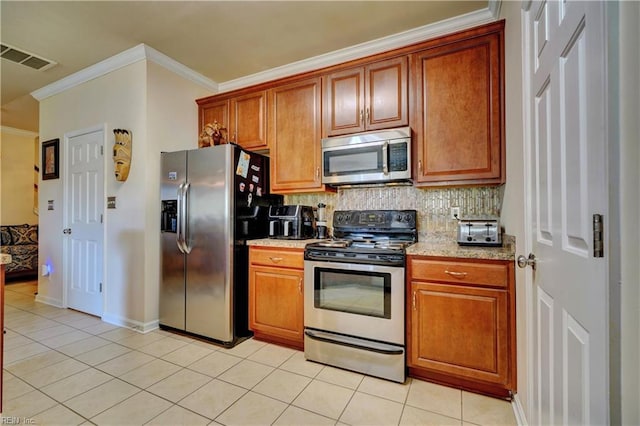 7463 Diven St, Norfolk, VA 23505 - kitchen featuring ornamental molding, stainless steel appliances, light tile patterned flooring, and decorative backsplash
