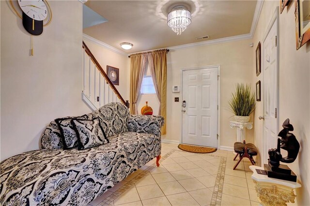 7463 Diven St, Norfolk, VA 23505 - living room featuring light tile patterned floors, crown molding, visible vents, baseboards, and stairway