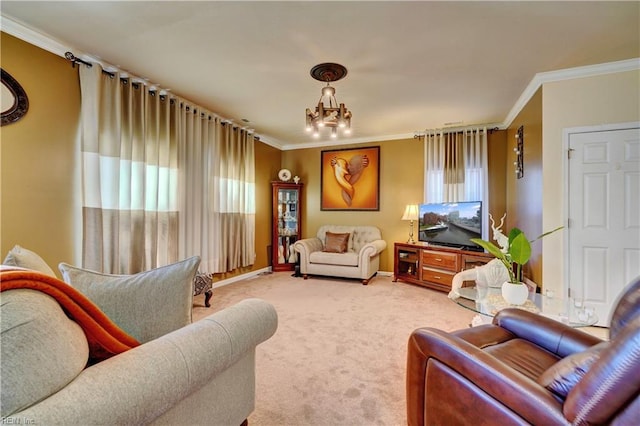 7463 Diven St, Norfolk, VA 23505 - living area with light colored carpet, baseboards, ornamental molding, and a notable chandelier