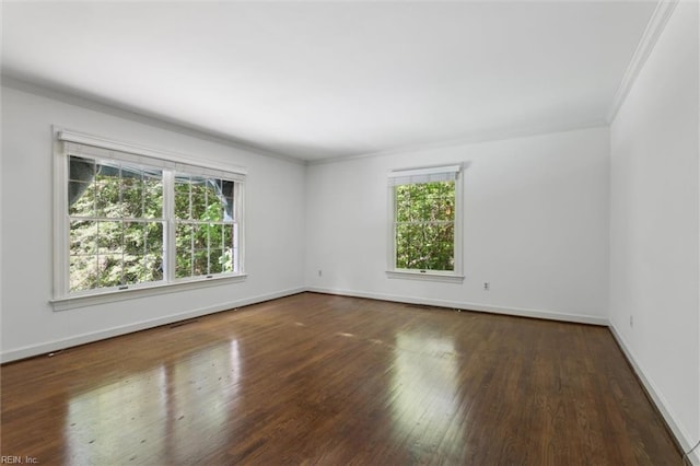 empty room with crown molding, a wealth of natural light, baseboards, and wood finished floors