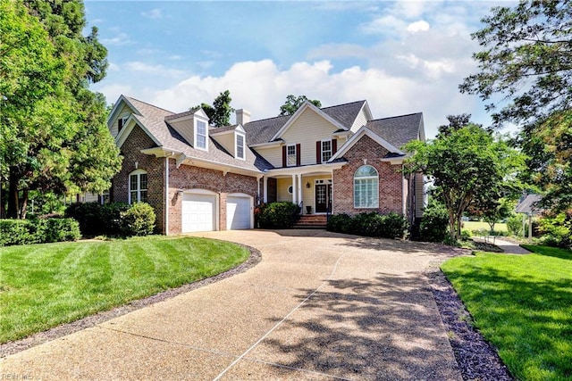 traditional-style house featuring brick siding, a front yard, concrete driveway, and an attached garage