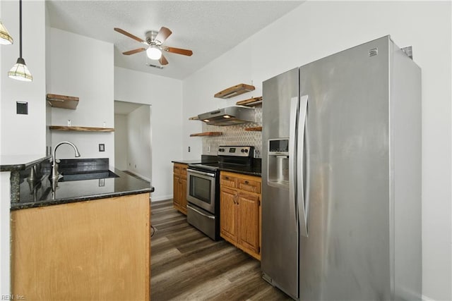 kitchen with a sink, open shelves, stainless steel appliances, dark wood finished floors, and under cabinet range hood
