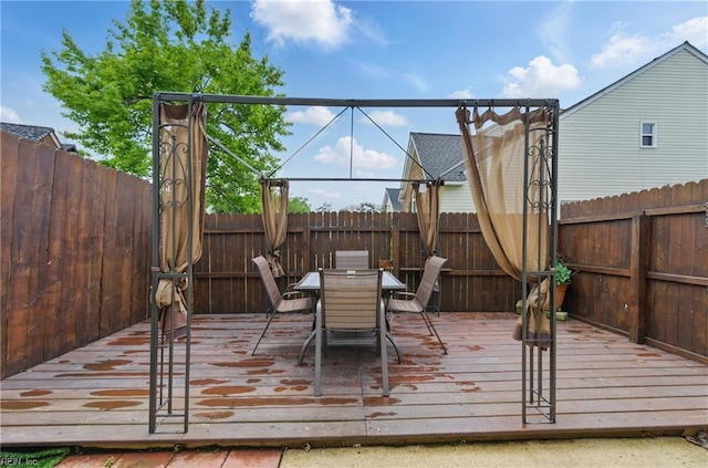 wooden deck featuring outdoor dining space and a fenced backyard