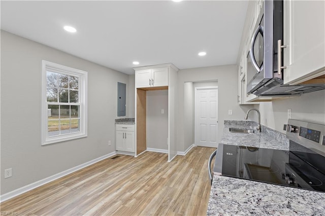 kitchen featuring a sink, electric panel, light wood-type flooring, white cabinetry, and appliances with stainless steel finishes