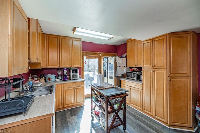 kitchen featuring light countertops, appliances with stainless steel finishes, dark wood-style flooring, and a sink