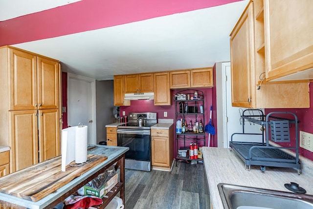 kitchen featuring under cabinet range hood, dark wood-style flooring, a sink, electric stove, and light countertops