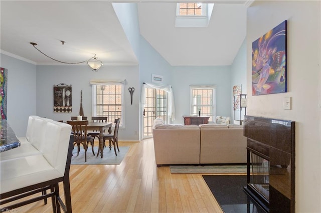 living room with crown molding, light wood-style floors, plenty of natural light, and lofted ceiling with skylight