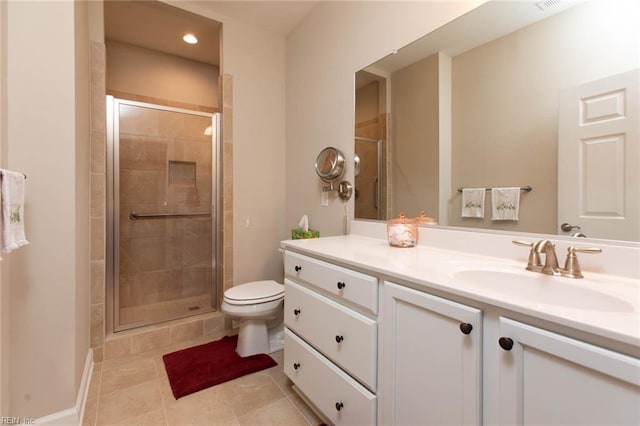 full bath with vanity, toilet, a shower stall, and recessed lighting