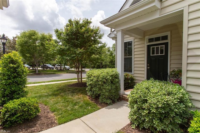 view of exterior entry with a yard