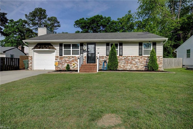 ranch-style house featuring a garage, brick siding, a chimney, and driveway