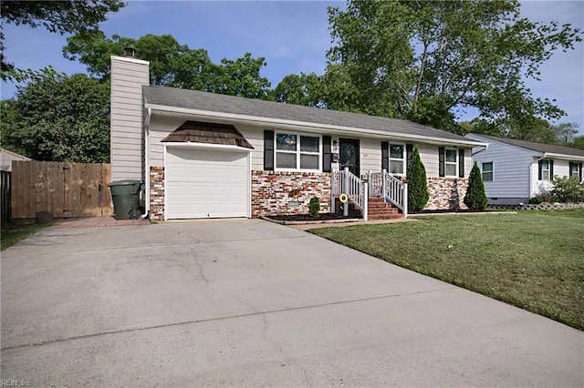 ranch-style home with an attached garage, a chimney, concrete driveway, and brick siding