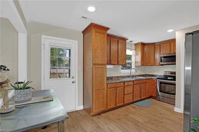 kitchen featuring appliances with stainless steel finishes, brown cabinets, a sink, light wood-style flooring, and plenty of natural light
