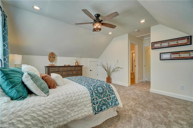 bedroom featuring vaulted ceiling, carpet floors, baseboards, and recessed lighting