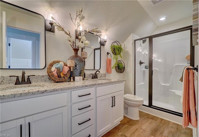 full bath featuring a shower stall, toilet, lofted ceiling, and a sink