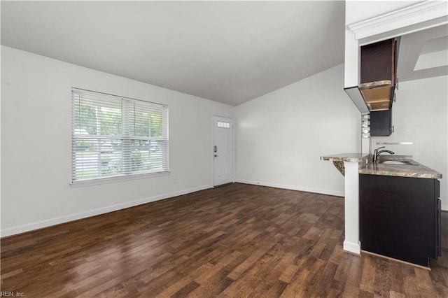 unfurnished living room featuring dark wood-style floors, a sink, baseboards, and vaulted ceiling