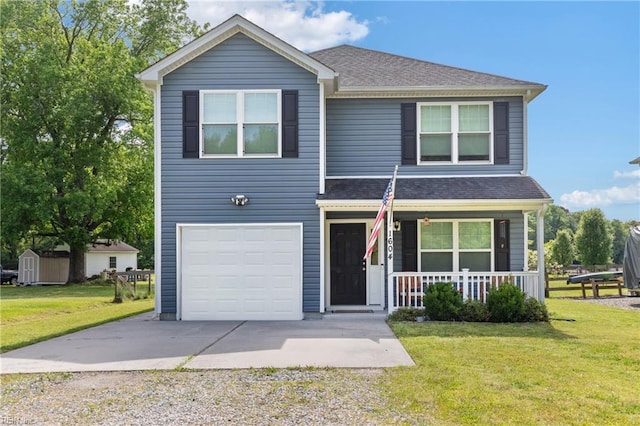 view of front of home featuring concrete driveway, a porch, a garage, and a front lawn