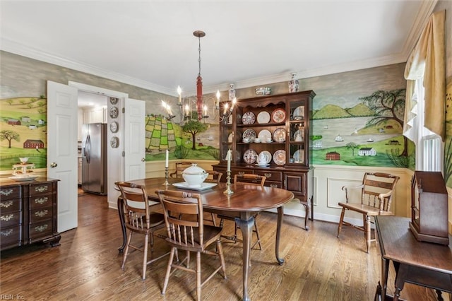 dining area with a chandelier, wood finished floors, ornamental molding, and wallpapered walls