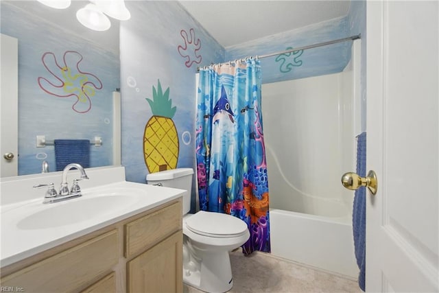 full bathroom with toilet, vanity, and shower / bathtub combination with curtain