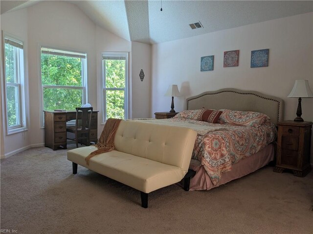 carpeted bedroom with lofted ceiling and baseboards
