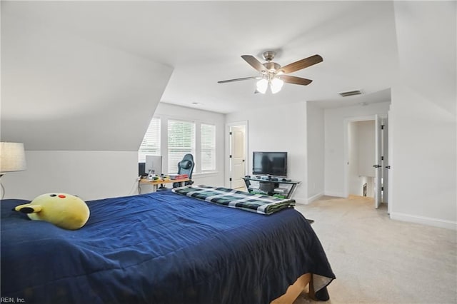bedroom featuring light carpet, baseboards, and ceiling fan