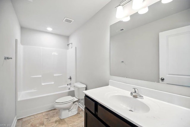bathroom with shower / bath combination, vanity, toilet, and visible vents