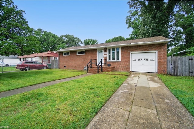 ranch-style home featuring driveway, brick siding, fence, an attached garage, and a front lawn