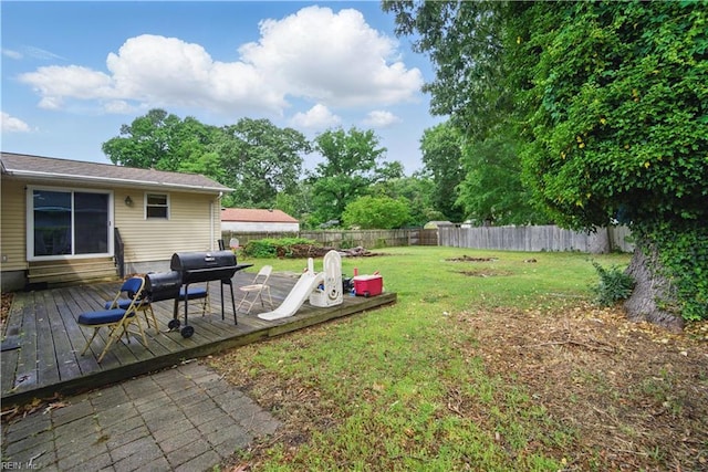 view of yard featuring a deck and a fenced backyard