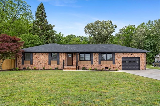 single story home with a garage, crawl space, concrete driveway, and brick siding