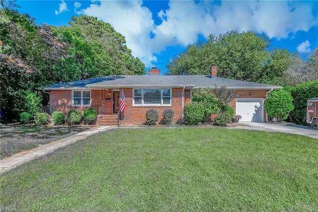 ranch-style house with an attached garage, brick siding, driveway, a front lawn, and a chimney