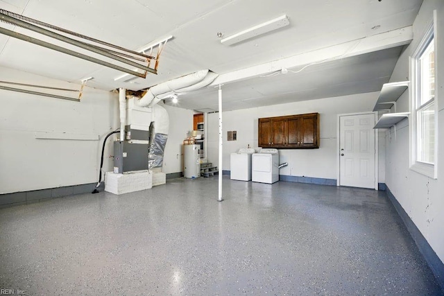 937 Sherry Cir, Newport News, VA 23608 - garage featuring washing machine and clothes dryer, baseboards, water heater, and heating unit