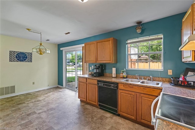 120 Commodore Dr, Hampton, VA 23669 - kitchen with black dishwasher, a sink, electric range oven, hanging light fixtures, and brown cabinets