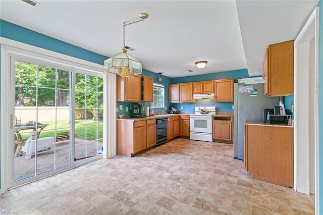120 Commodore Dr, Hampton, VA 23669 - kitchen featuring white range with electric stovetop, dishwasher, light countertops, brown cabinets, and stone finish flooring