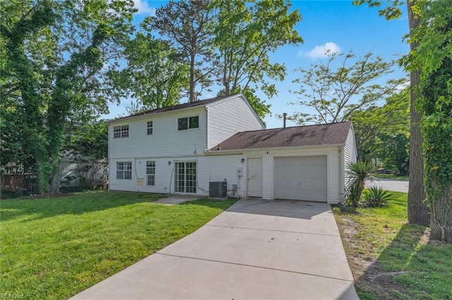 120 Commodore Dr, Hampton, VA 23669 - view of front of home featuring a garage, central air condition unit, concrete driveway, and a front lawn