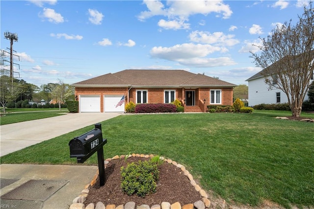 ranch-style home featuring a garage, driveway, and a front lawn