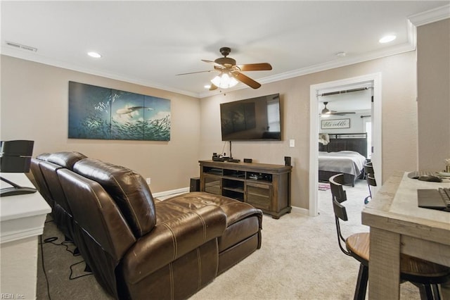 1725 Burson Dr, Chesapeake, VA 23323 - living area featuring a ceiling fan, light colored carpet, ornamental molding, recessed lighting, and baseboards