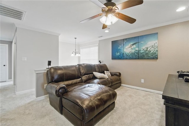 1725 Burson Dr, Chesapeake, VA 23323 - living room with light colored carpet, crown molding, a ceiling fan, baseboards, and recessed lighting