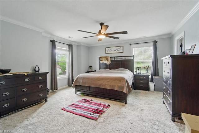 1725 Burson Dr, Chesapeake, VA 23323 - bedroom featuring crown molding, light colored carpet, multiple windows, and ceiling fan