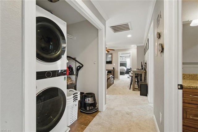 1725 Burson Dr, Chesapeake, VA 23323 - washroom with stacked washer / dryer, ornamental molding, carpet floors, recessed lighting, and ceiling fan