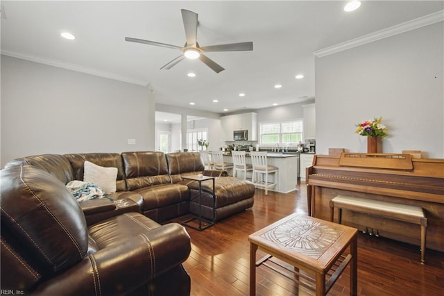 1725 Burson Dr, Chesapeake, VA 23323 - living area featuring a ceiling fan, recessed lighting, ornamental molding, and wood-type flooring