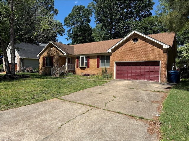 ranch-style house featuring driveway, brick siding, a front yard, and a garage