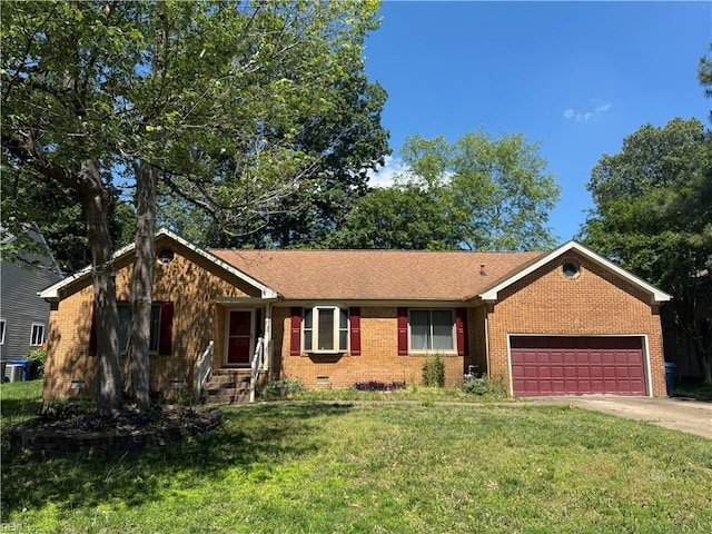 ranch-style house with a garage, brick siding, a front lawn, and driveway
