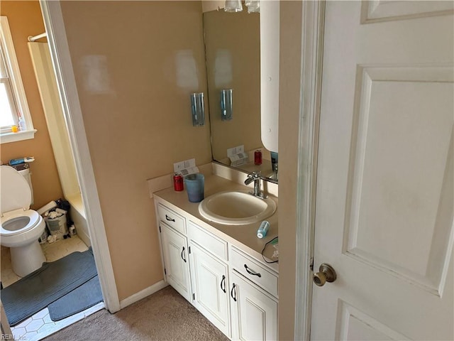 bathroom featuring vanity, toilet, and shower / tub combo with curtain