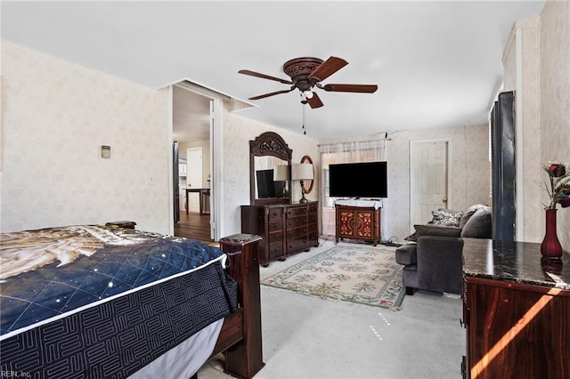 bedroom featuring concrete flooring and ceiling fan