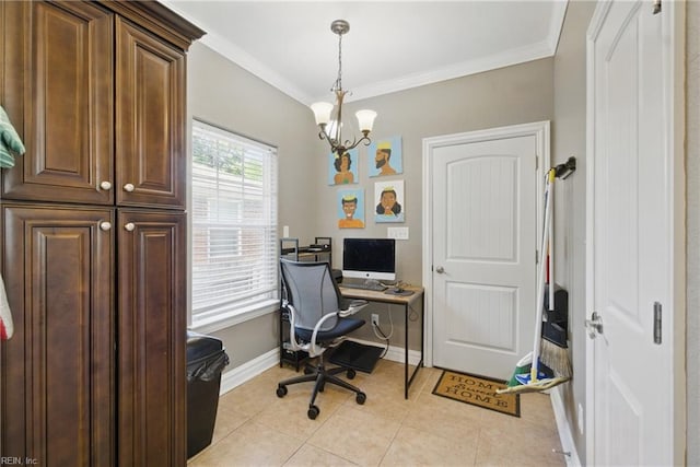 office space featuring crown molding, light tile patterned floors, baseboards, and a notable chandelier