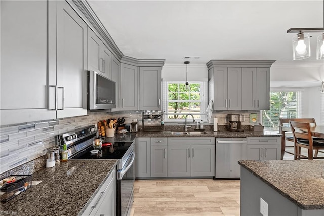 kitchen with appliances with stainless steel finishes, gray cabinets, a sink, plenty of natural light, and ornamental molding